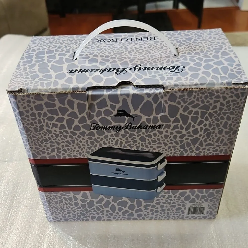 NIB Tommy Bahama Bento Box Blue White Leak Proof Lunch Container + Cutlery